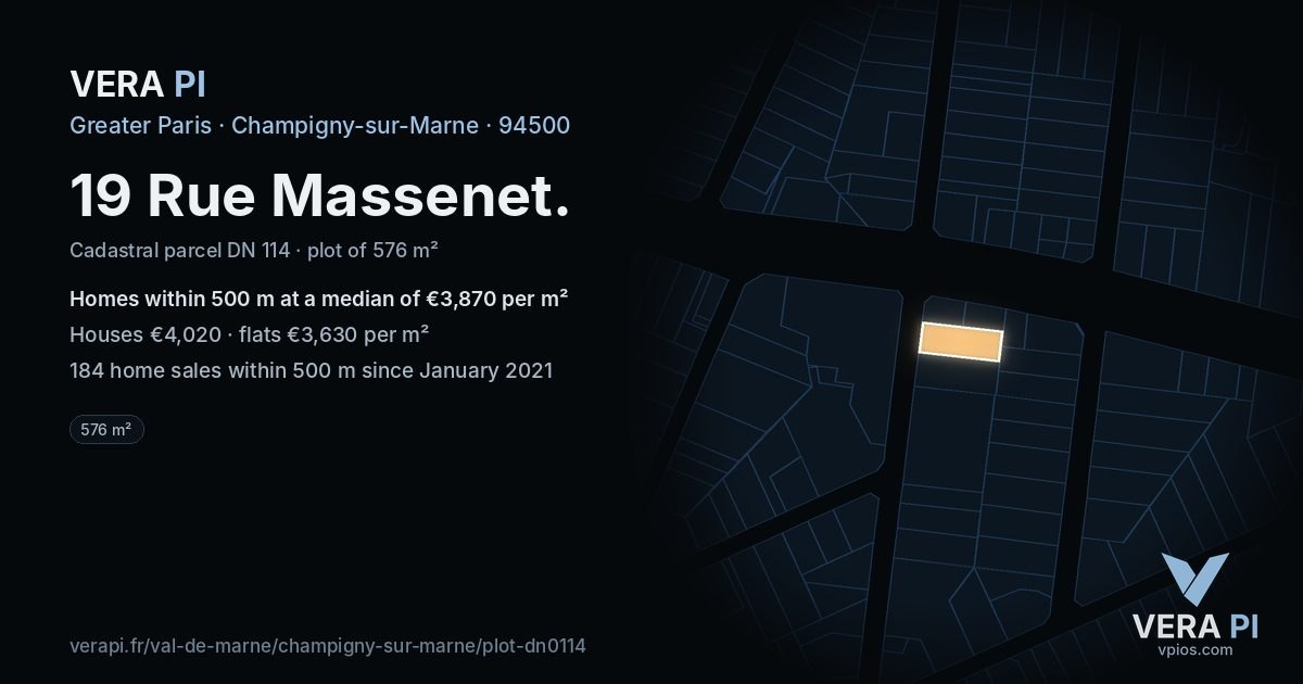 19 Rue Massenet, Champigny-sur-Marne at night – the plot lit, the parcels around coloured by the prices near them
