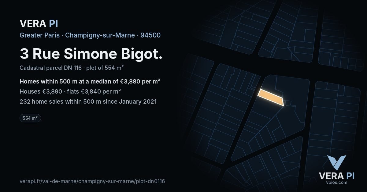 3 Rue Simone Bigot, Champigny-sur-Marne at night – the plot lit, the parcels around coloured by the prices near them