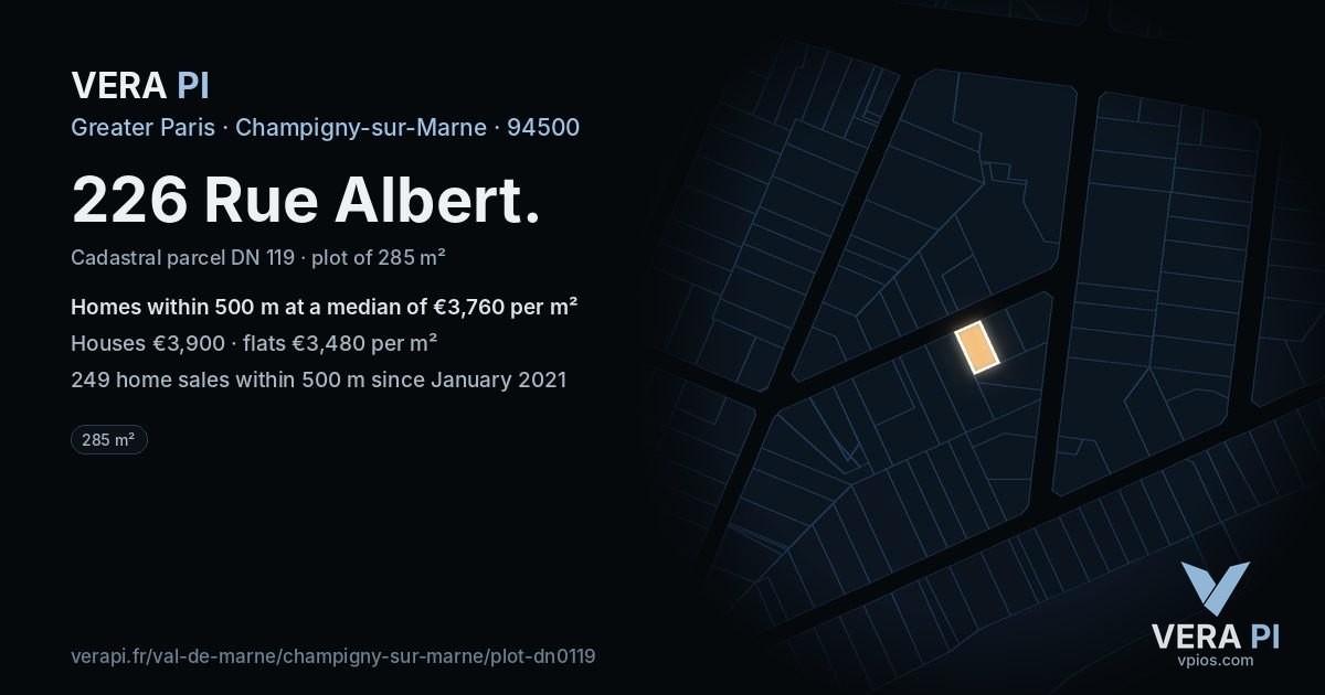 226 Rue Albert, Champigny-sur-Marne at night – the plot lit, the parcels around coloured by the prices near them
