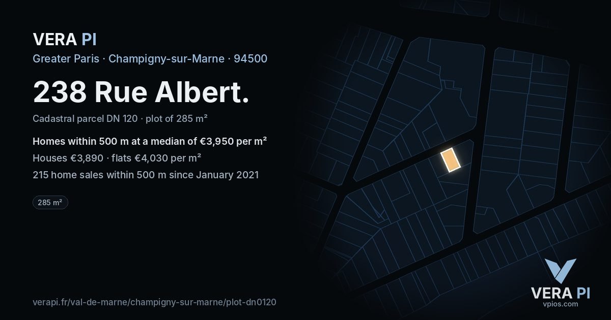 238 Rue Albert, Champigny-sur-Marne at night – the plot lit, the parcels around coloured by the prices near them