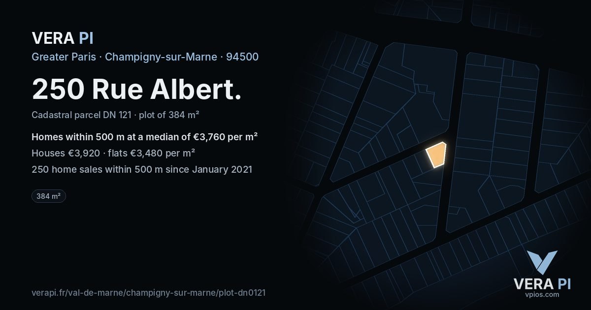 250 Rue Albert, Champigny-sur-Marne at night – the plot lit, the parcels around coloured by the prices near them