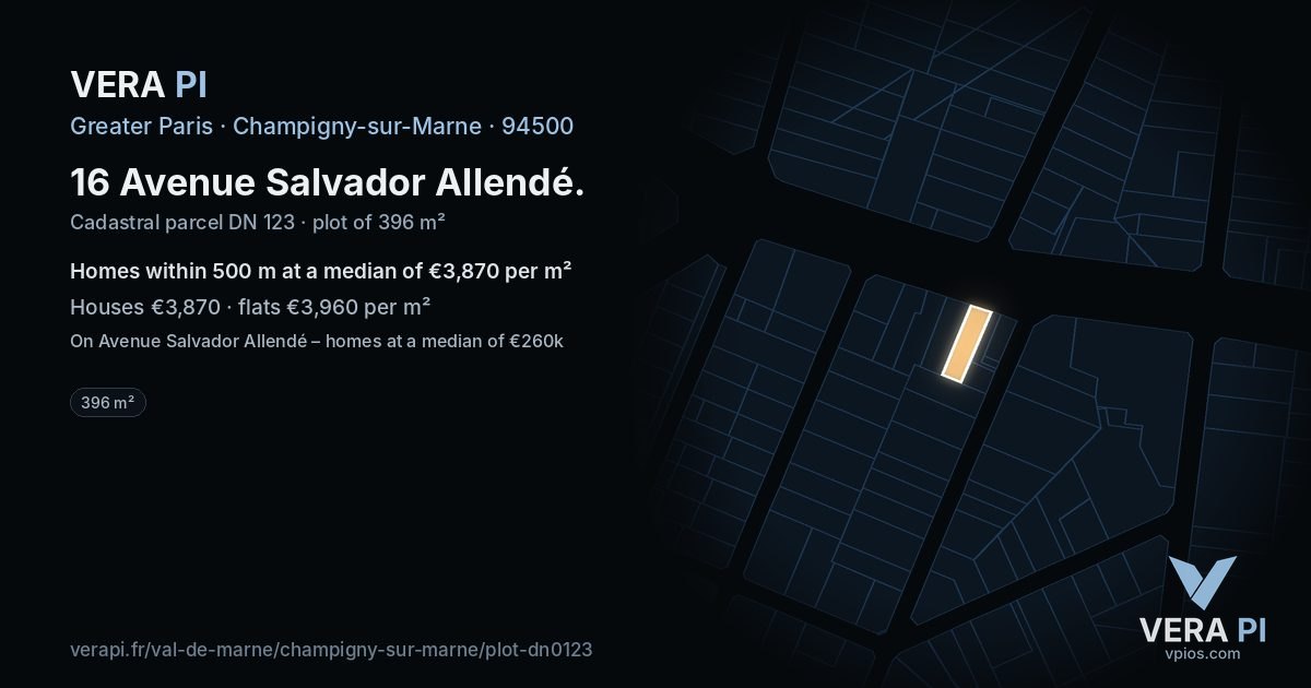 16 Avenue Salvador Allendé, Champigny-sur-Marne at night – the plot lit, the parcels around coloured by the prices near them