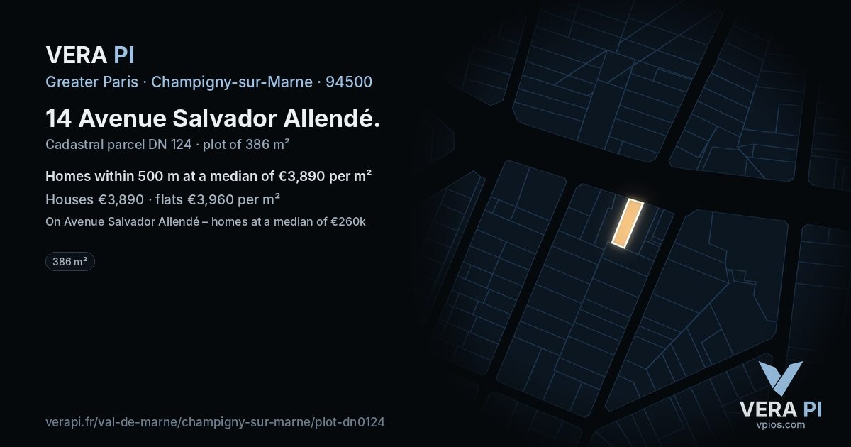 14 Avenue Salvador Allendé, Champigny-sur-Marne at night – the plot lit, the parcels around coloured by the prices near them