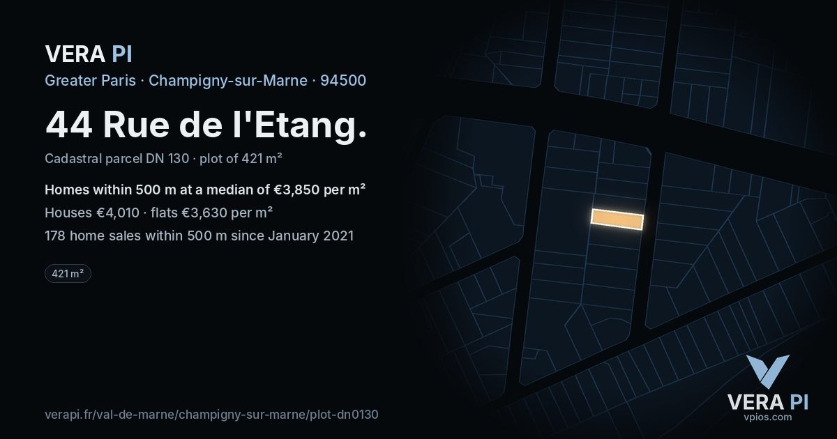 44 Rue de l'Etang, Champigny-sur-Marne at night – the plot lit, the parcels around coloured by the prices near them