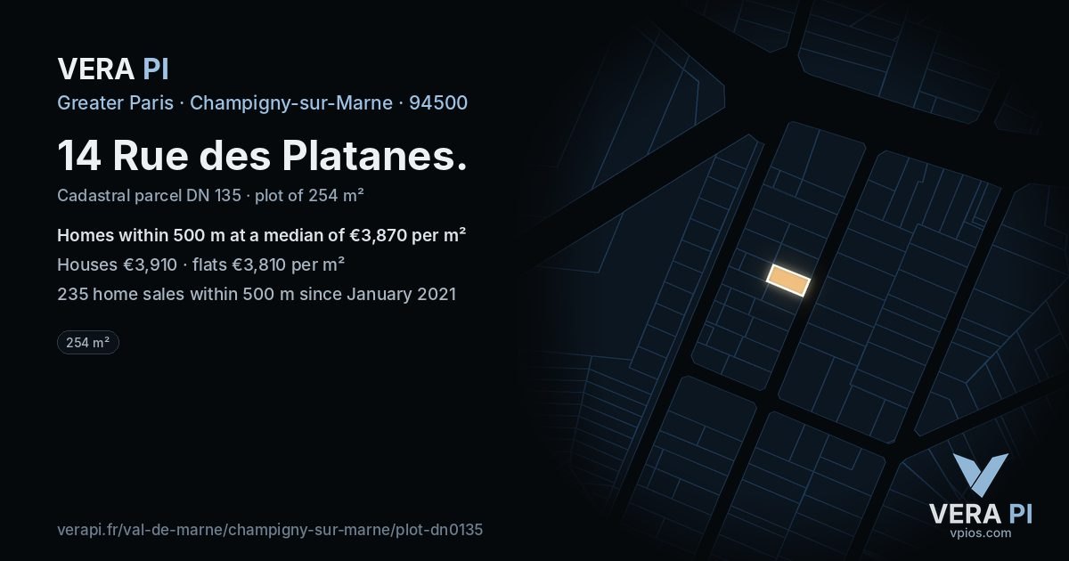 14 Rue des Platanes, Champigny-sur-Marne at night – the plot lit, the parcels around coloured by the prices near them