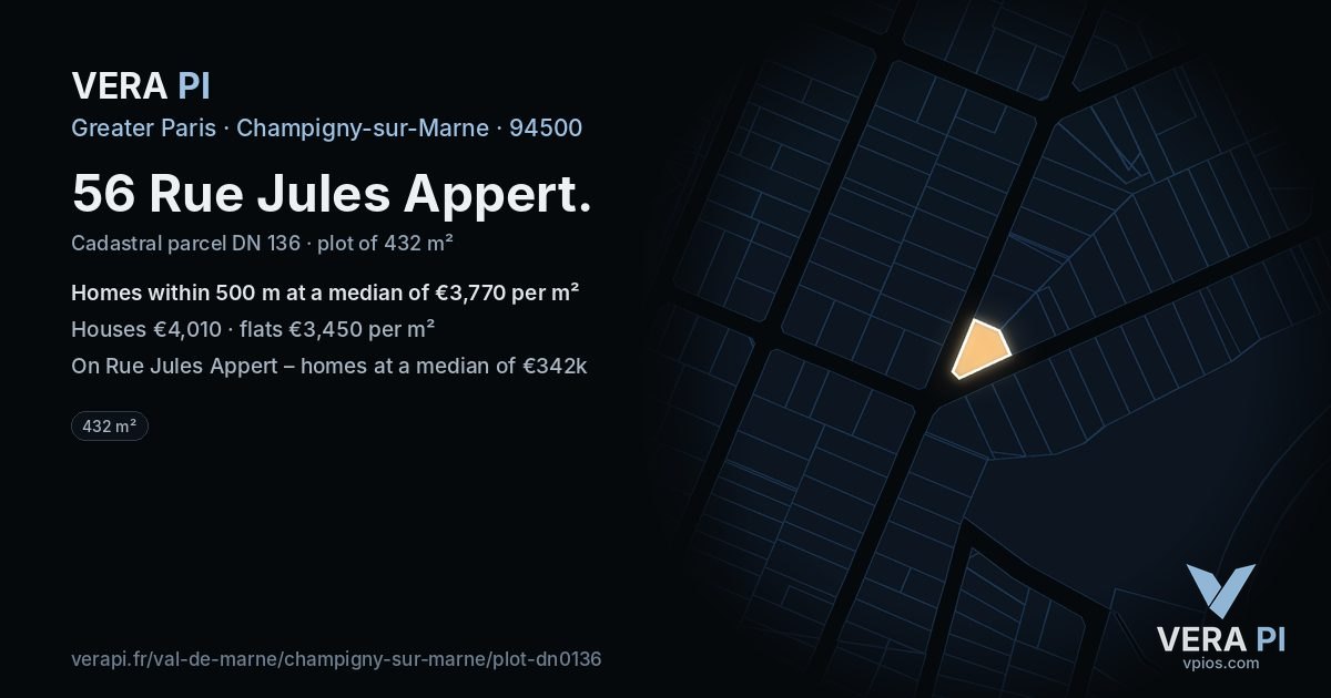 56 Rue Jules Appert, Champigny-sur-Marne at night – the plot lit, the parcels around coloured by the prices near them
