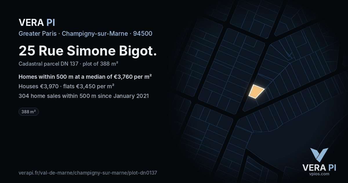 25 Rue Simone Bigot, Champigny-sur-Marne at night – the plot lit, the parcels around coloured by the prices near them
