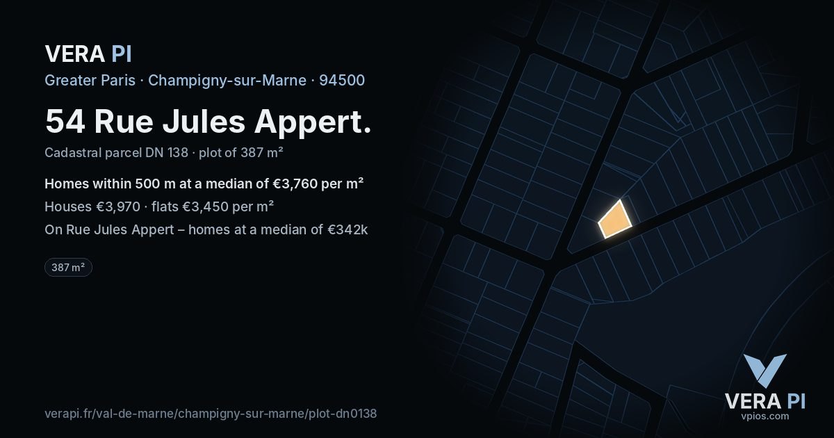 54 Rue Jules Appert, Champigny-sur-Marne at night – the plot lit, the parcels around coloured by the prices near them