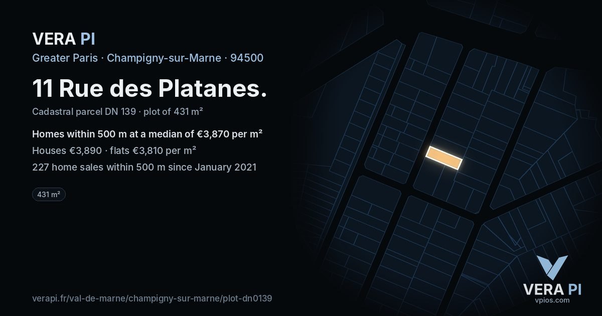 11 Rue des Platanes, Champigny-sur-Marne at night – the plot lit, the parcels around coloured by the prices near them