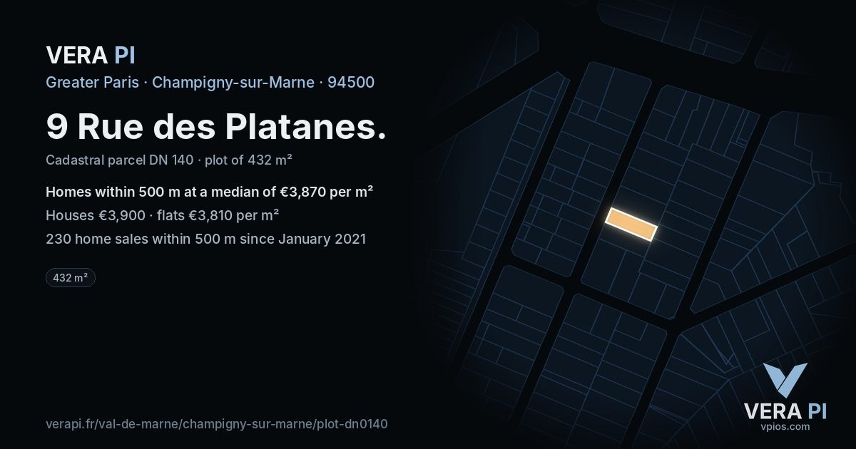 9 Rue des Platanes, Champigny-sur-Marne at night – the plot lit, the parcels around coloured by the prices near them