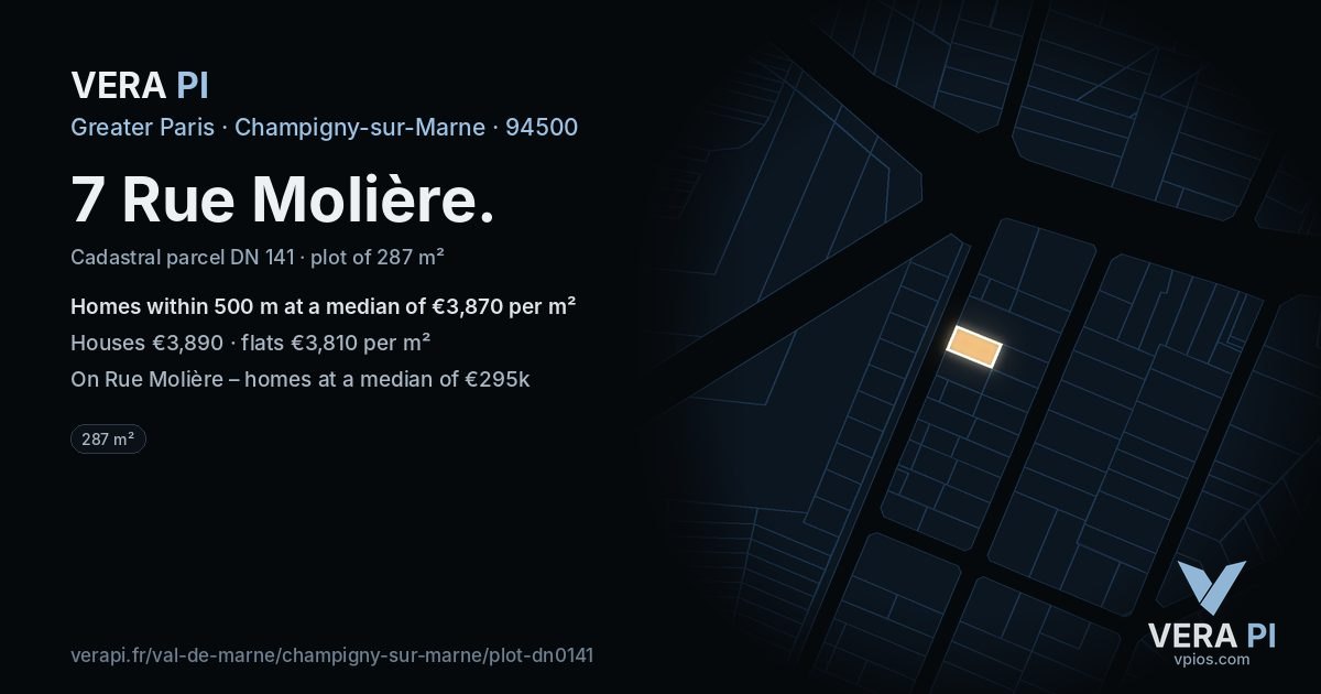 7 Rue Molière, Champigny-sur-Marne at night – the plot lit, the parcels around coloured by the prices near them