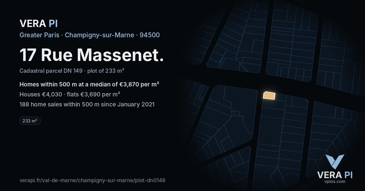 17 Rue Massenet, Champigny-sur-Marne at night – the plot lit, the parcels around coloured by the prices near them