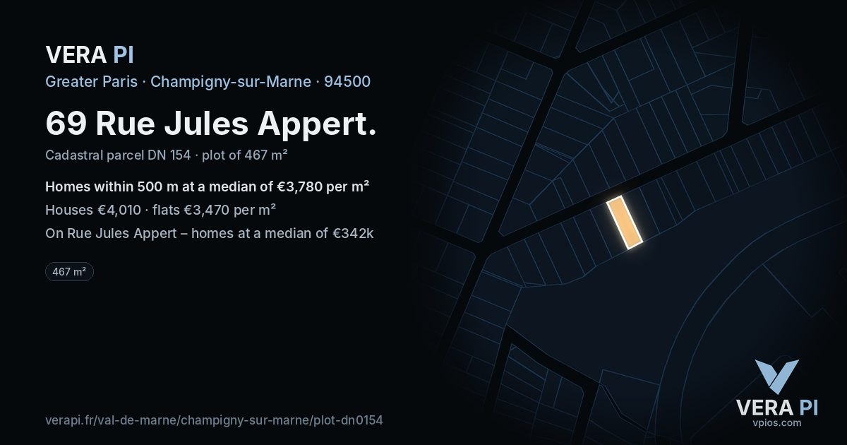 69 Rue Jules Appert, Champigny-sur-Marne at night – the plot lit, the parcels around coloured by the prices near them