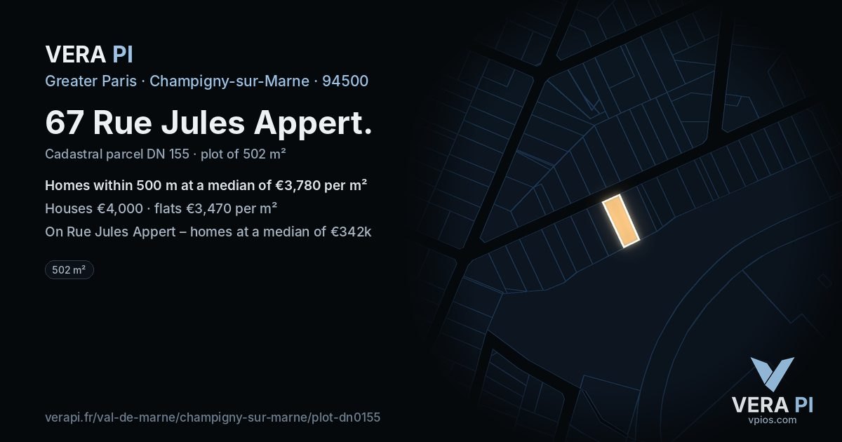 67 Rue Jules Appert, Champigny-sur-Marne at night – the plot lit, the parcels around coloured by the prices near them