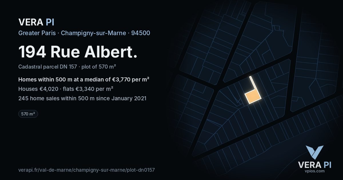 194 Rue Albert, Champigny-sur-Marne at night – the plot lit, the parcels around coloured by the prices near them