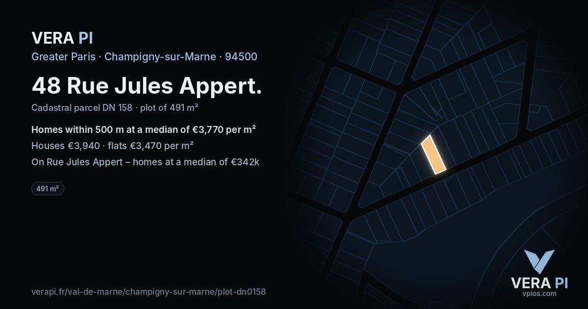 48 Rue Jules Appert, Champigny-sur-Marne at night – the plot lit, the parcels around coloured by the prices near them