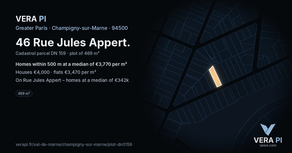 46 Rue Jules Appert, Champigny-sur-Marne at night – the plot lit, the parcels around coloured by the prices near them