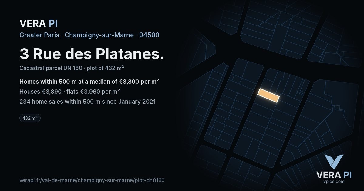 3 Rue des Platanes, Champigny-sur-Marne at night – the plot lit, the parcels around coloured by the prices near them
