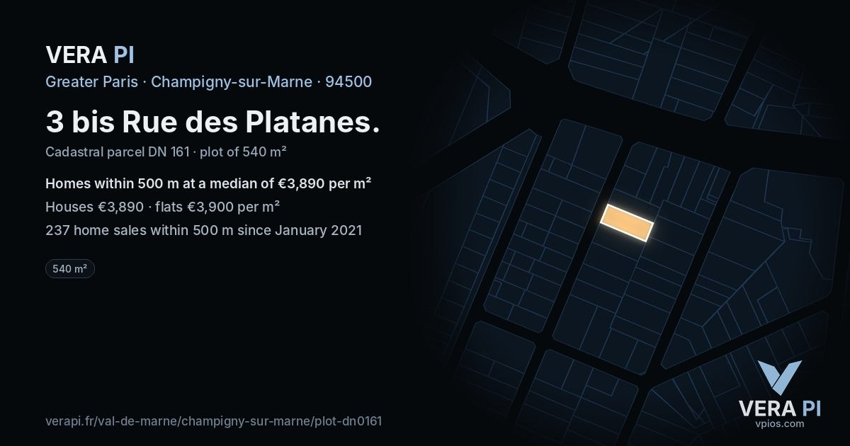 3 bis Rue des Platanes, Champigny-sur-Marne at night – the plot lit, the parcels around coloured by the prices near them