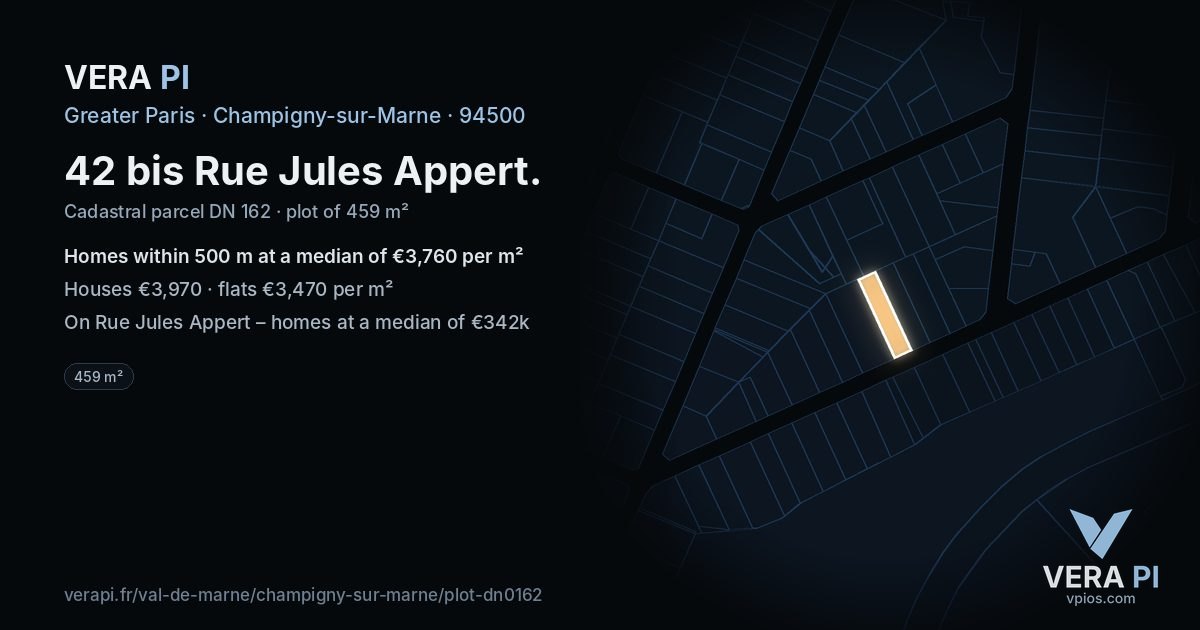 42 bis Rue Jules Appert, Champigny-sur-Marne at night – the plot lit, the parcels around coloured by the prices near them