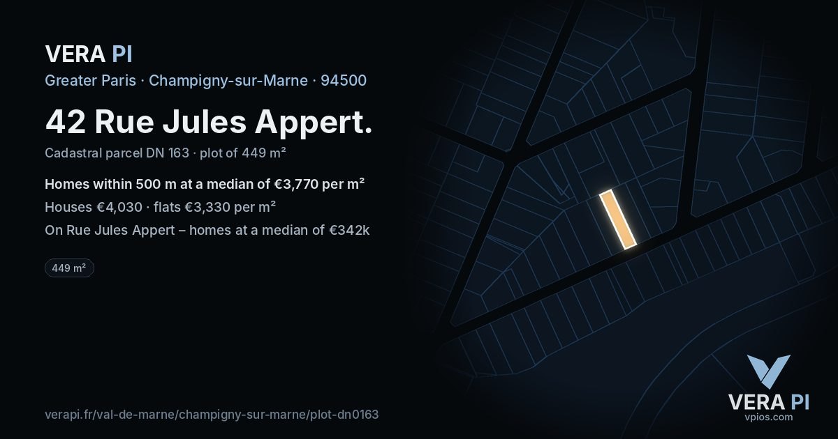 42 Rue Jules Appert, Champigny-sur-Marne at night – the plot lit, the parcels around coloured by the prices near them