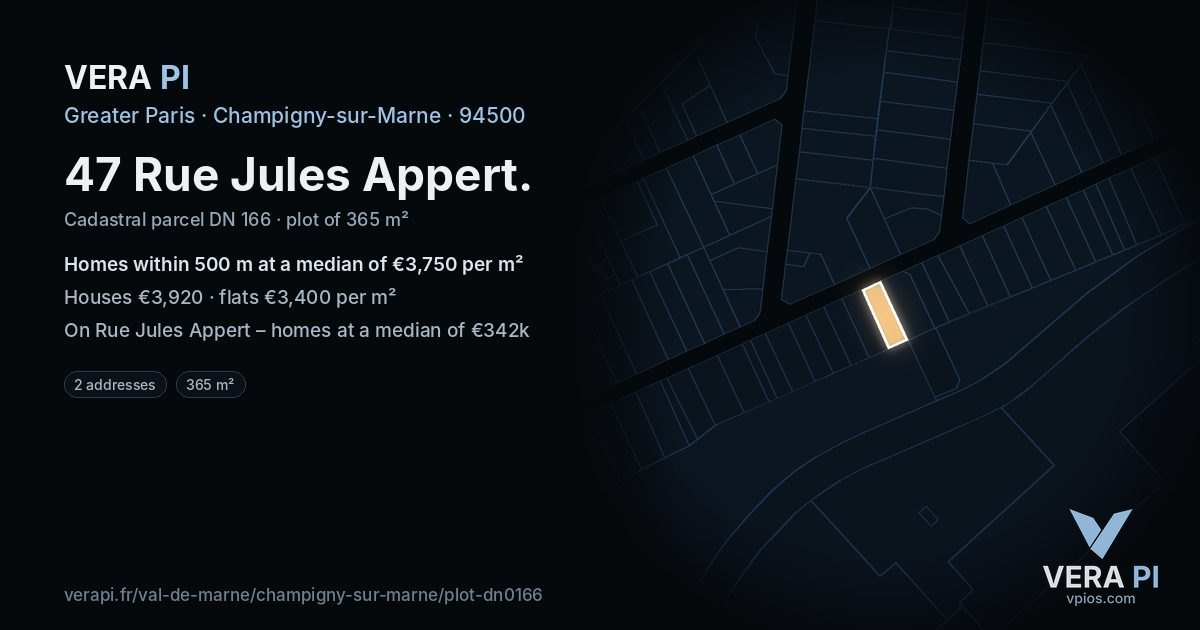47 Rue Jules Appert, Champigny-sur-Marne at night – the plot lit, the parcels around coloured by the prices near them