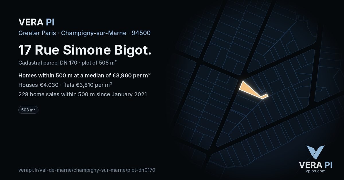17 Rue Simone Bigot, Champigny-sur-Marne at night – the plot lit, the parcels around coloured by the prices near them