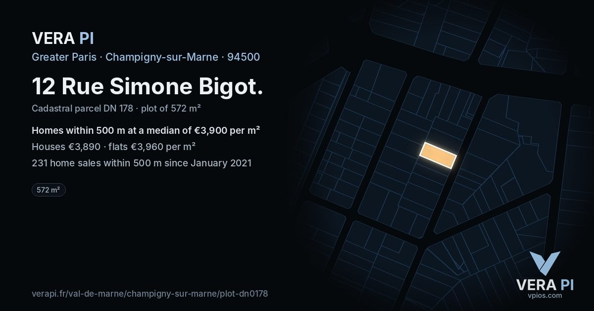 12 Rue Simone Bigot, Champigny-sur-Marne at night – the plot lit, the parcels around coloured by the prices near them