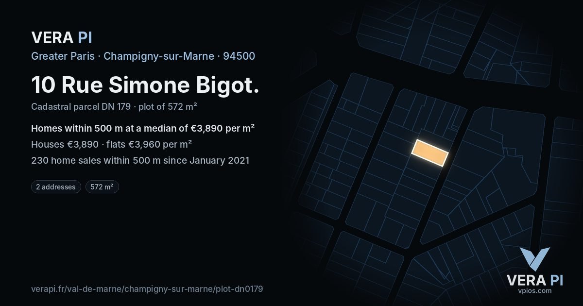 10 Rue Simone Bigot, Champigny-sur-Marne at night – the plot lit, the parcels around coloured by the prices near them