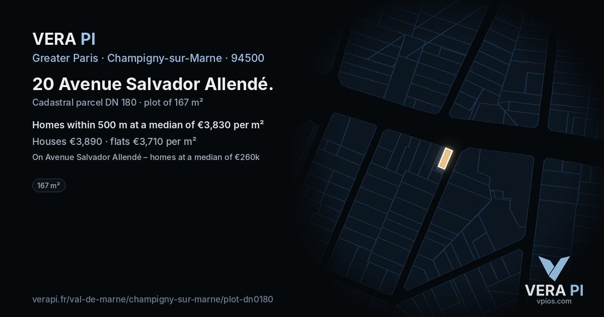 20 Avenue Salvador Allendé, Champigny-sur-Marne at night – the plot lit, the parcels around coloured by the prices near them