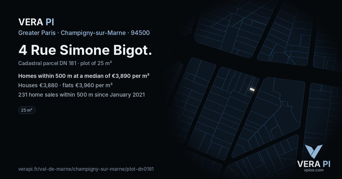 4 Rue Simone Bigot, Champigny-sur-Marne at night – the plot lit, the parcels around coloured by the prices near them