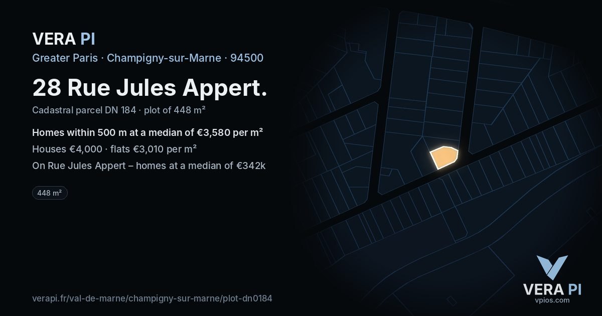28 Rue Jules Appert, Champigny-sur-Marne at night – the plot lit, the parcels around coloured by the prices near them