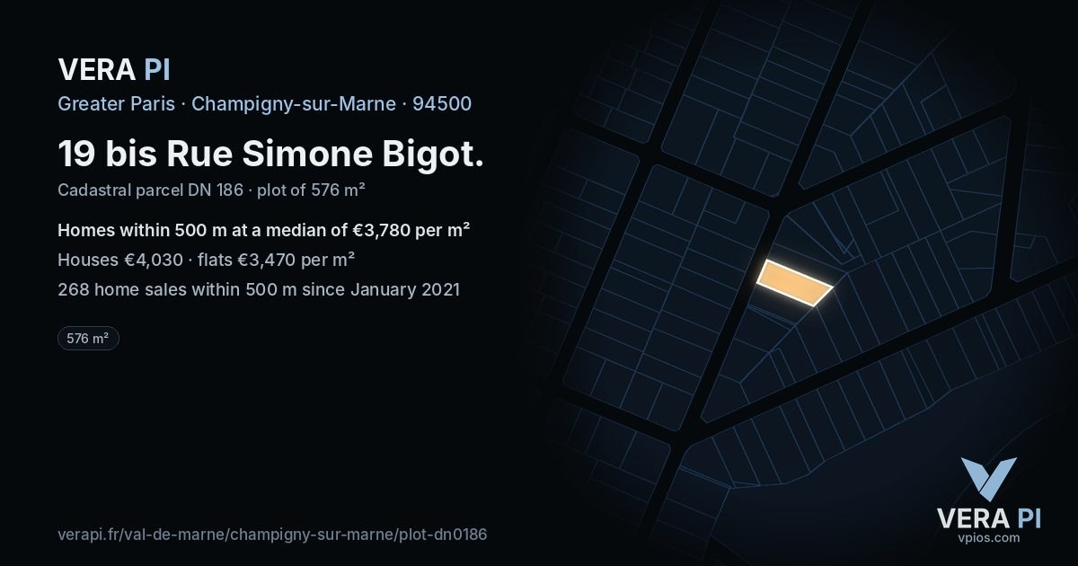19 bis Rue Simone Bigot, Champigny-sur-Marne at night – the plot lit, the parcels around coloured by the prices near them