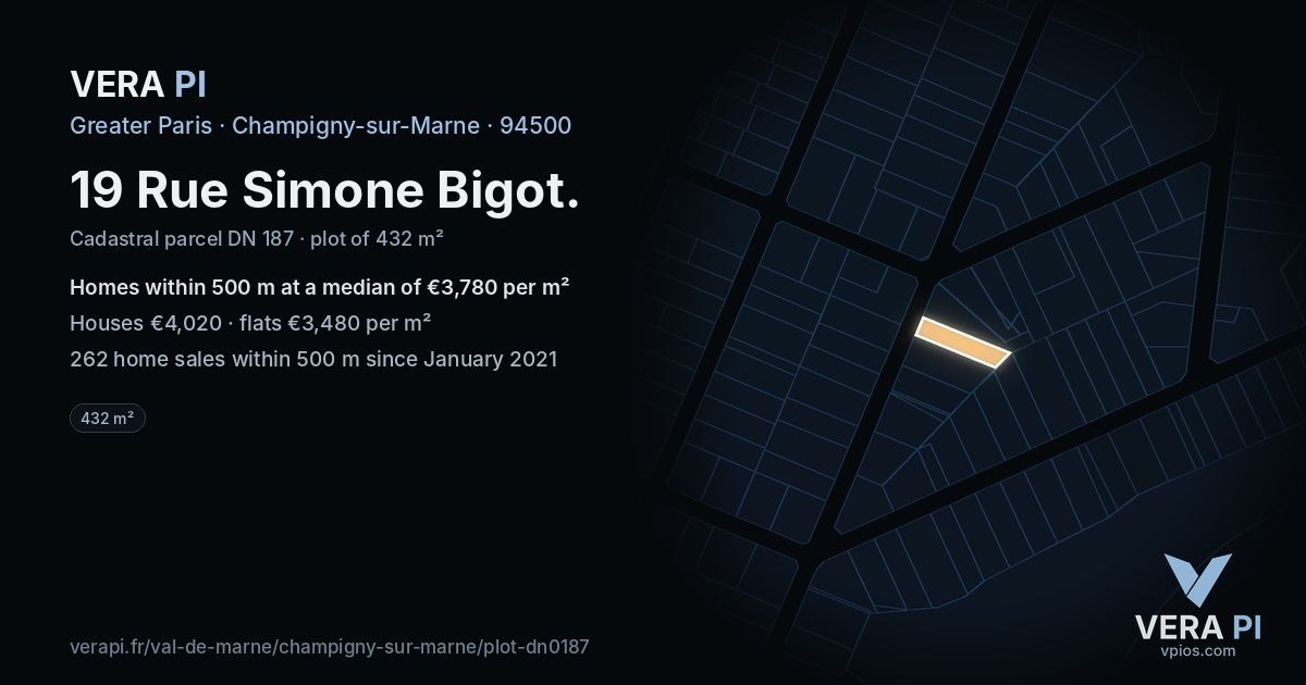 19 Rue Simone Bigot, Champigny-sur-Marne at night – the plot lit, the parcels around coloured by the prices near them
