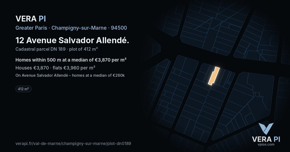 12 Avenue Salvador Allendé, Champigny-sur-Marne at night – the plot lit, the parcels around coloured by the prices near them