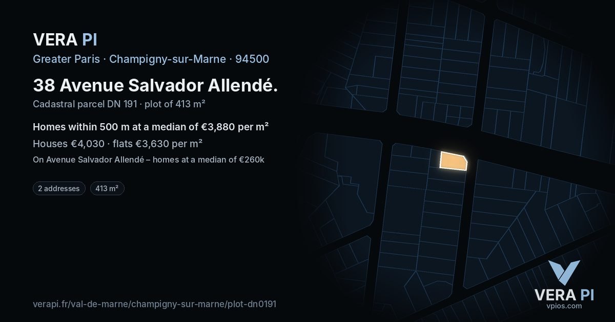 38 Avenue Salvador Allendé, Champigny-sur-Marne at night – the plot lit, the parcels around coloured by the prices near them