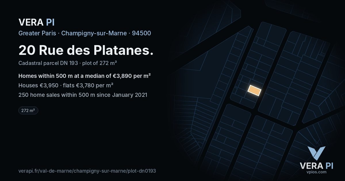 20 Rue des Platanes, Champigny-sur-Marne at night – the plot lit, the parcels around coloured by the prices near them