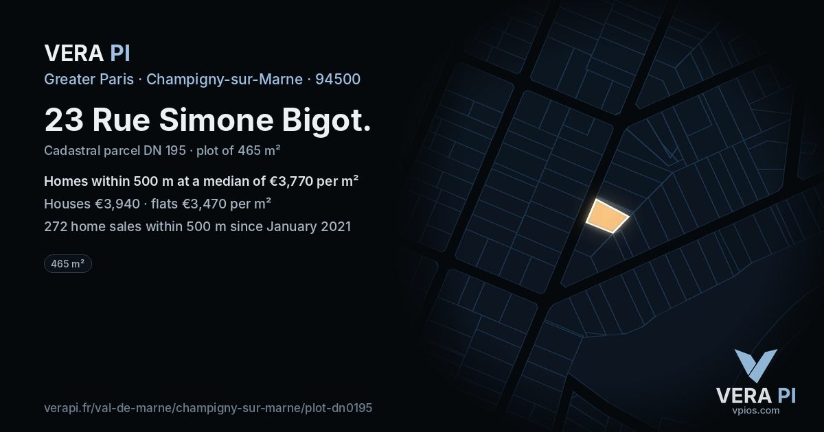 23 Rue Simone Bigot, Champigny-sur-Marne at night – the plot lit, the parcels around coloured by the prices near them