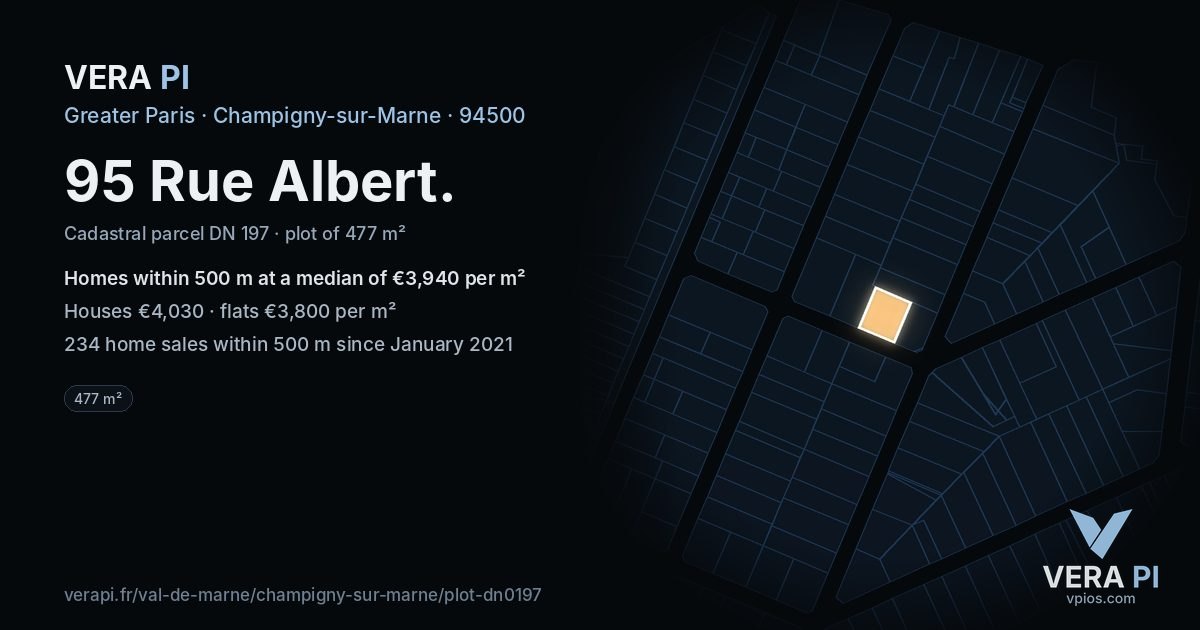 95 Rue Albert, Champigny-sur-Marne at night – the plot lit, the parcels around coloured by the prices near them