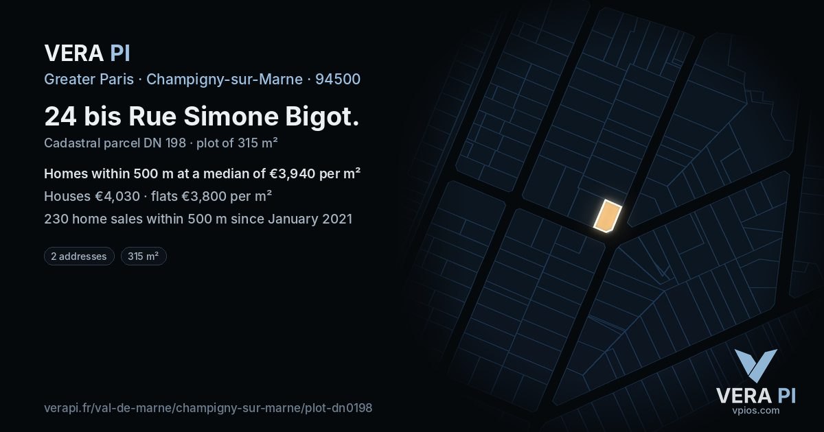 24 bis Rue Simone Bigot, Champigny-sur-Marne at night – the plot lit, the parcels around coloured by the prices near them