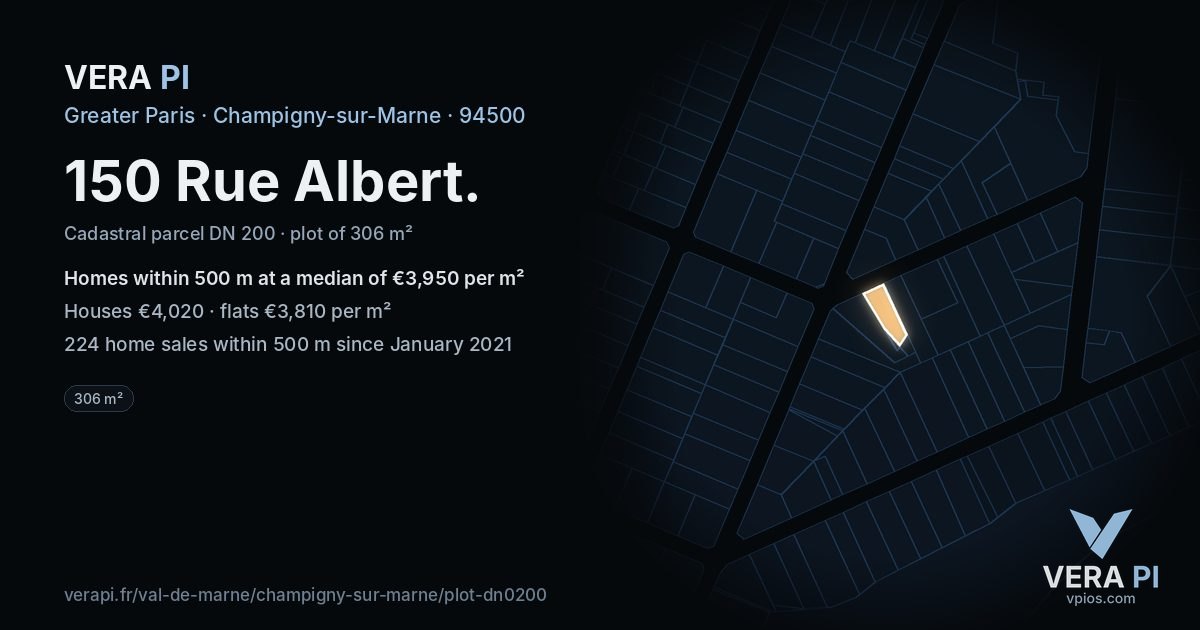 150 Rue Albert, Champigny-sur-Marne at night – the plot lit, the parcels around coloured by the prices near them