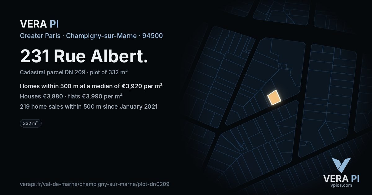 231 Rue Albert, Champigny-sur-Marne at night – the plot lit, the parcels around coloured by the prices near them