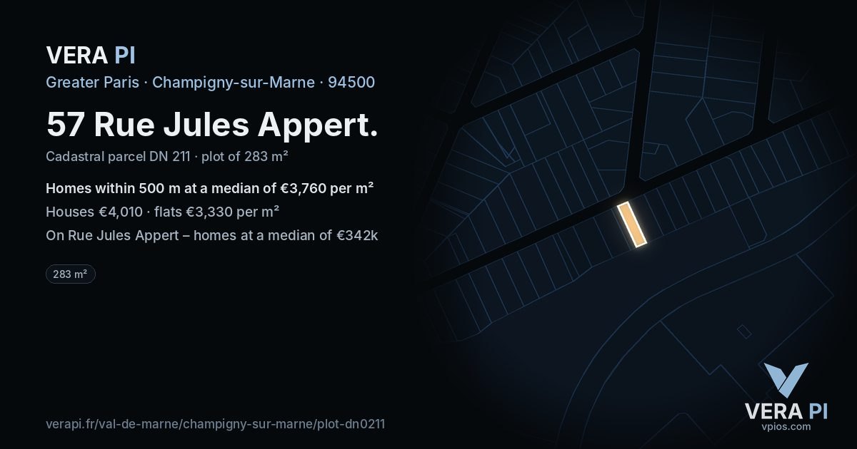 57 Rue Jules Appert, Champigny-sur-Marne at night – the plot lit, the parcels around coloured by the prices near them