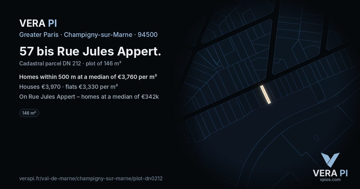 57 bis Rue Jules Appert, Champigny-sur-Marne at night – the plot lit, the parcels around coloured by the prices near them