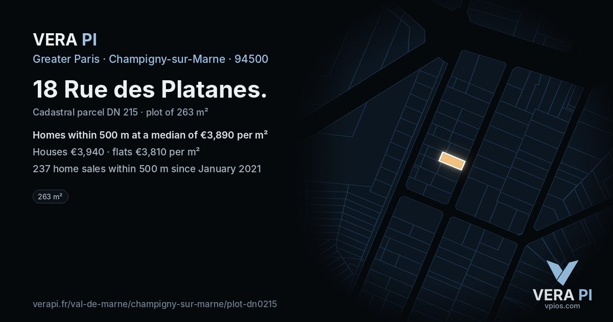 18 Rue des Platanes, Champigny-sur-Marne at night – the plot lit, the parcels around coloured by the prices near them