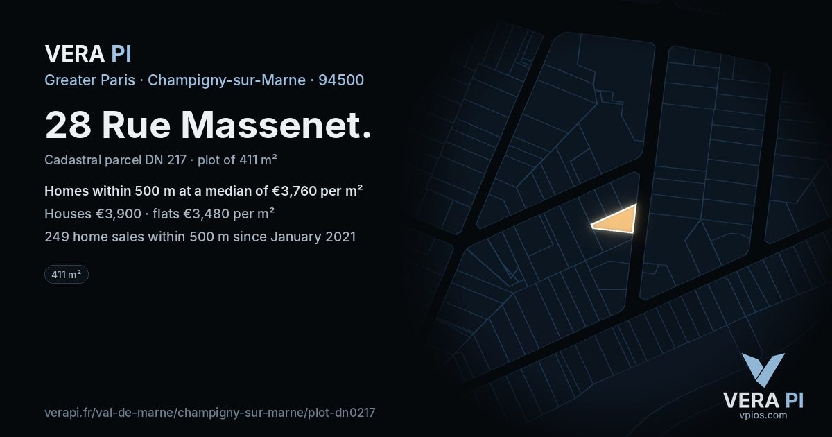28 Rue Massenet, Champigny-sur-Marne at night – the plot lit, the parcels around coloured by the prices near them