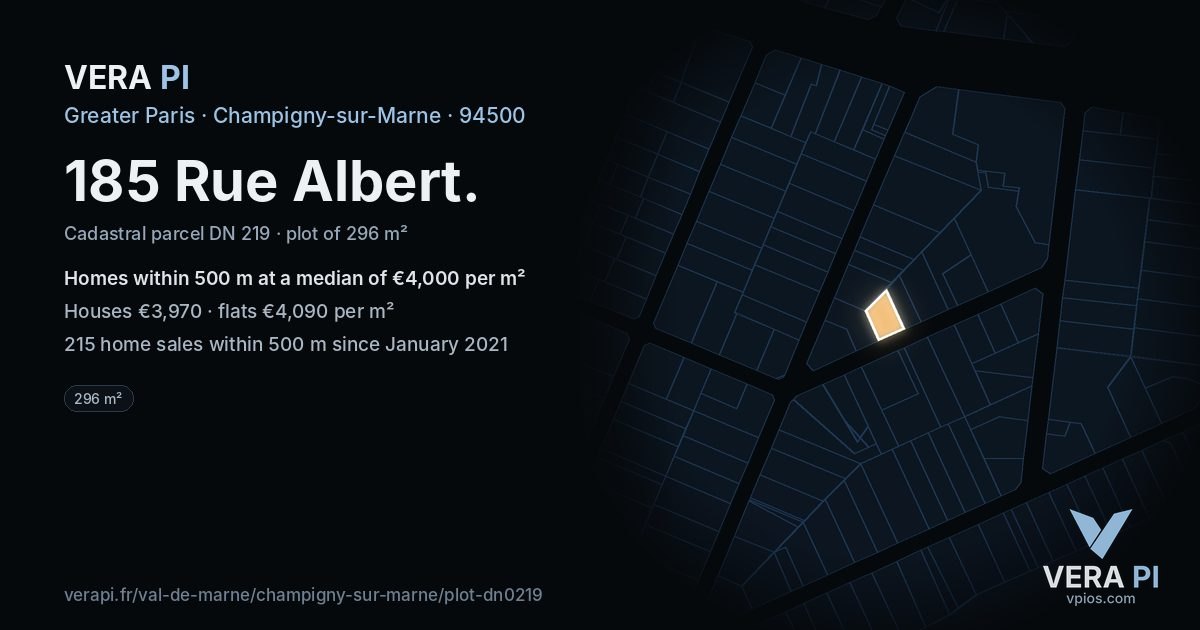185 Rue Albert, Champigny-sur-Marne at night – the plot lit, the parcels around coloured by the prices near them