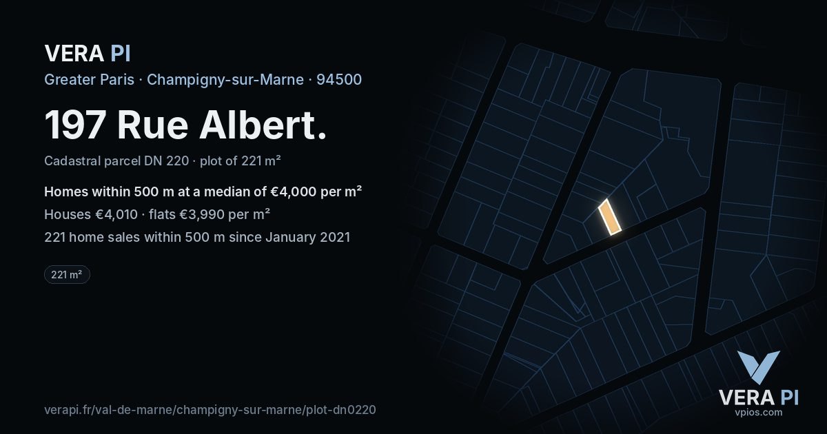 197 Rue Albert, Champigny-sur-Marne at night – the plot lit, the parcels around coloured by the prices near them