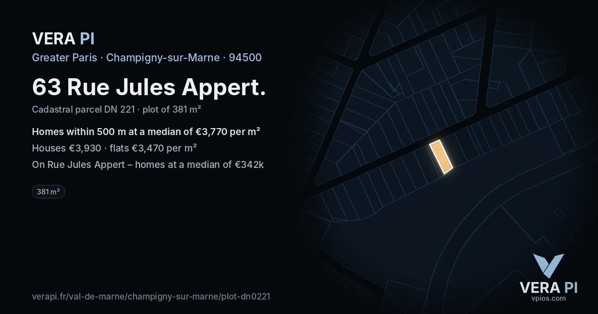 63 Rue Jules Appert, Champigny-sur-Marne at night – the plot lit, the parcels around coloured by the prices near them