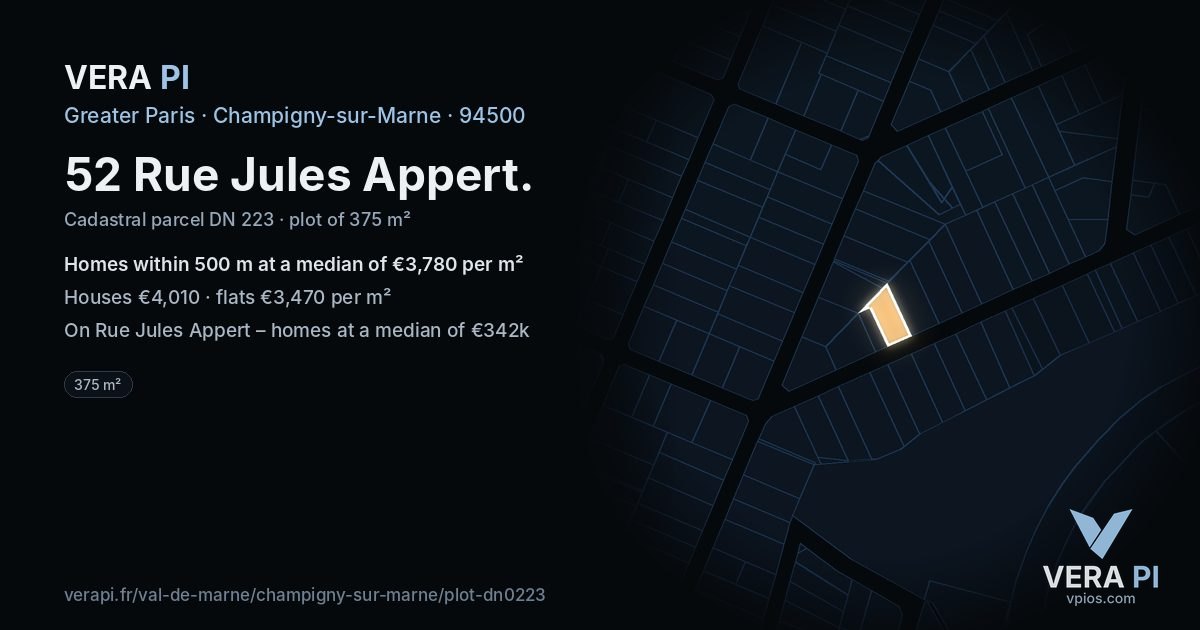 52 Rue Jules Appert, Champigny-sur-Marne at night – the plot lit, the parcels around coloured by the prices near them